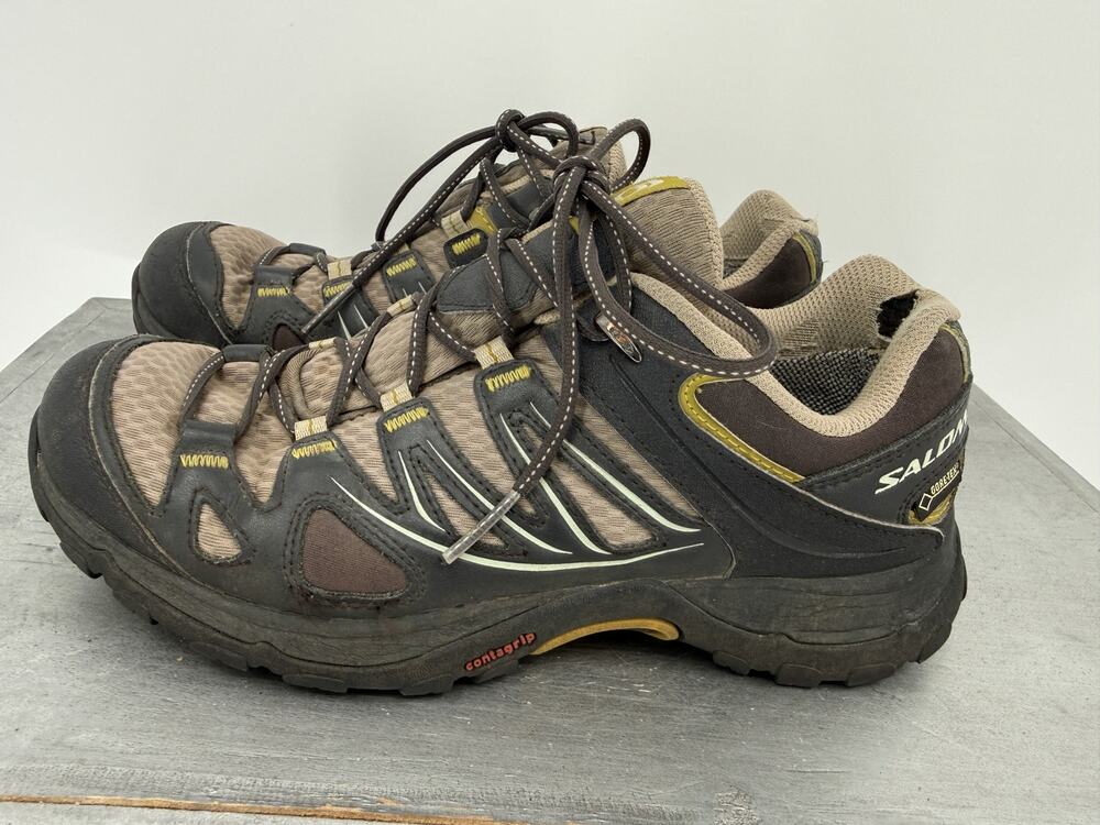 Salomon Women's Ellipse GTX Trail Hiking Shoes Brown Black Yellow 7.5 Contagrip